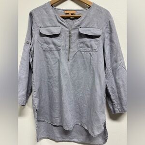 Ellen Tracy 100% Linen Gray Tunic Top Size XS